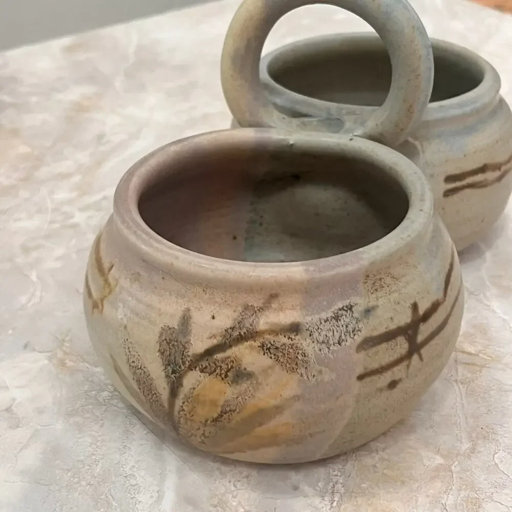 Studio Art Pottery Two Bowl Condiment Dish With Handle Stoneware Muted Colors